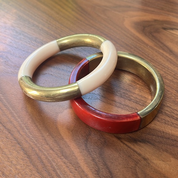 Antique bone/red and brass bracelet bangles - 2 - red, white - Picture 3 of 4